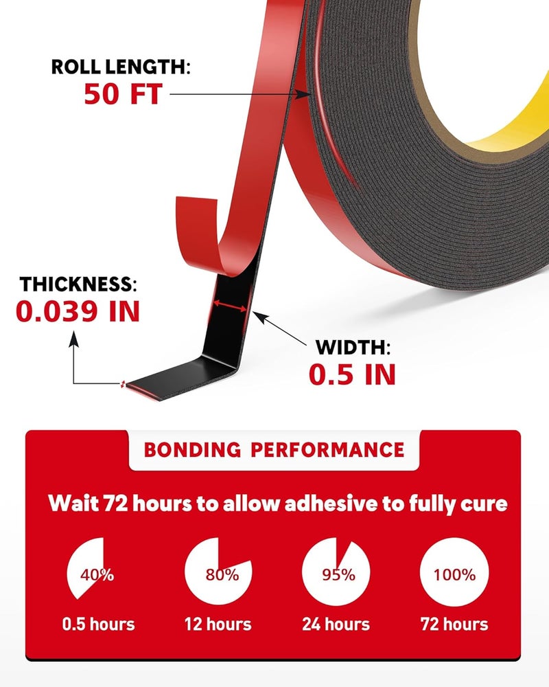 HitLights Double Sided Tape Heavy Duty, 1/2 in x 50 ft, Adhesive Mounting Tape Waterproof, Strong Double Stick Foam Tape for Walls Poster Automotive Outdoor Home (Pack of 1) - Image 5